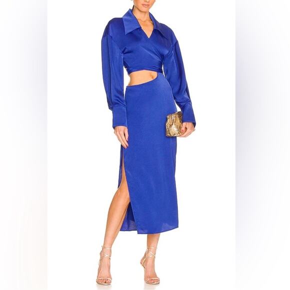 Ronny Kobo Women’s Ranell Collared Long Sleeve Royal Blue Wrap Cutout Midi Dress - Picture 1 of 14